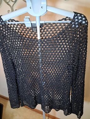 Willi Smith Black Openwork Crochet Long Sleeve Sweater Top